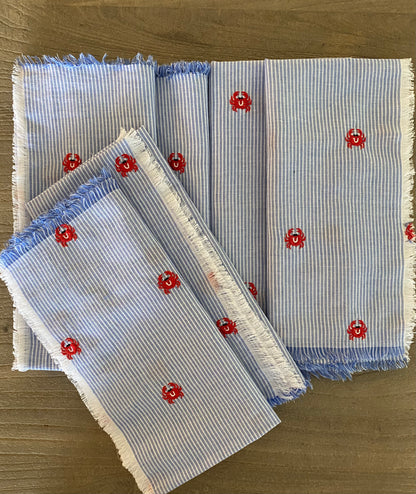 White & Blue Napkin with Crab Embroidered - Set of 6