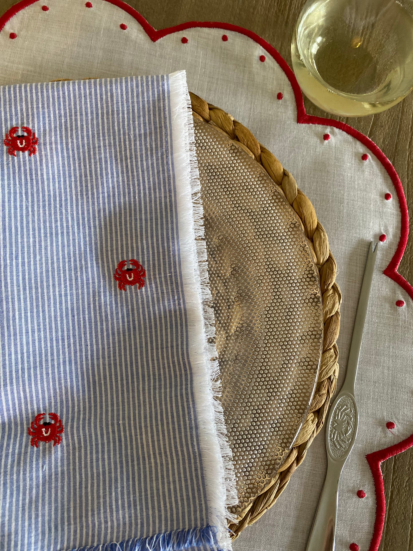 White & Blue Napkin with Crab Embroidered - Set of 6
