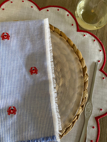 White & Blue Napkin with Crab Embroidered - Set of 6
